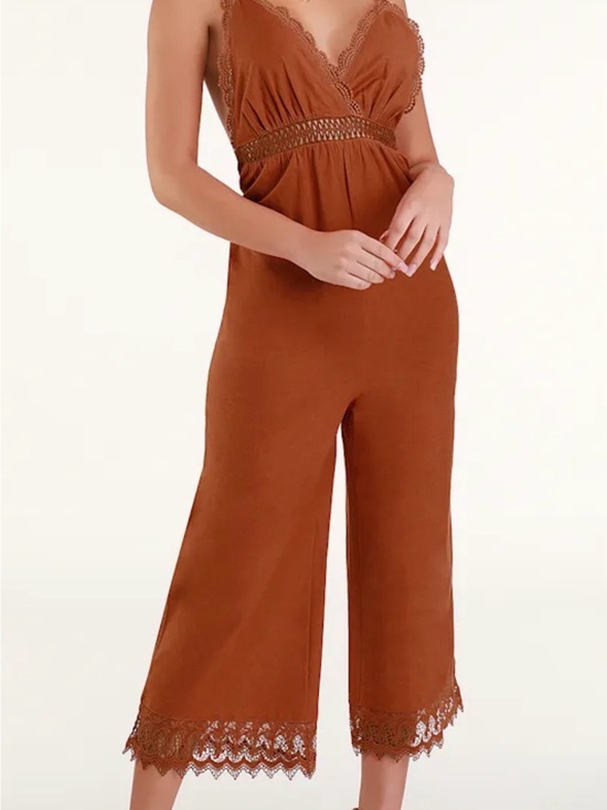 Billabong Pants - Billabong Rust Lace-Trim Wide-Leg Jumpsuit